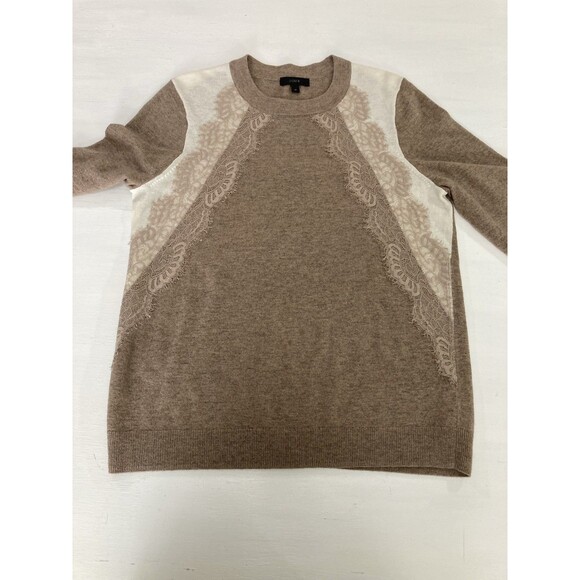 J.Crew Women’s M Brown Wool Blend Colorblock Lace Sweater Preppy Winter - Picture 3 of 9